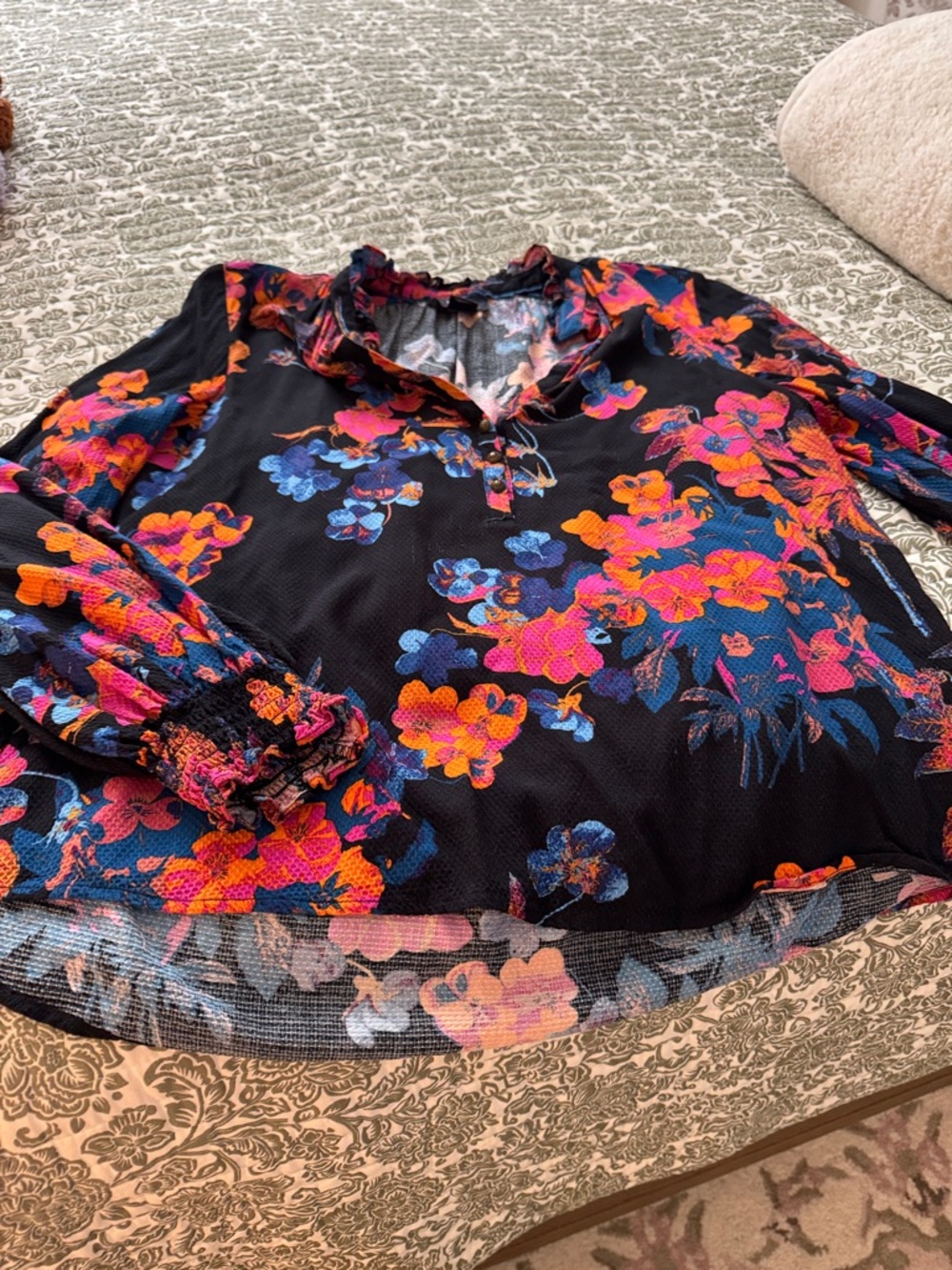 Maeve Black Floral Ruffle V-Neck Blouse with Pink, Orange & Blue Blooms